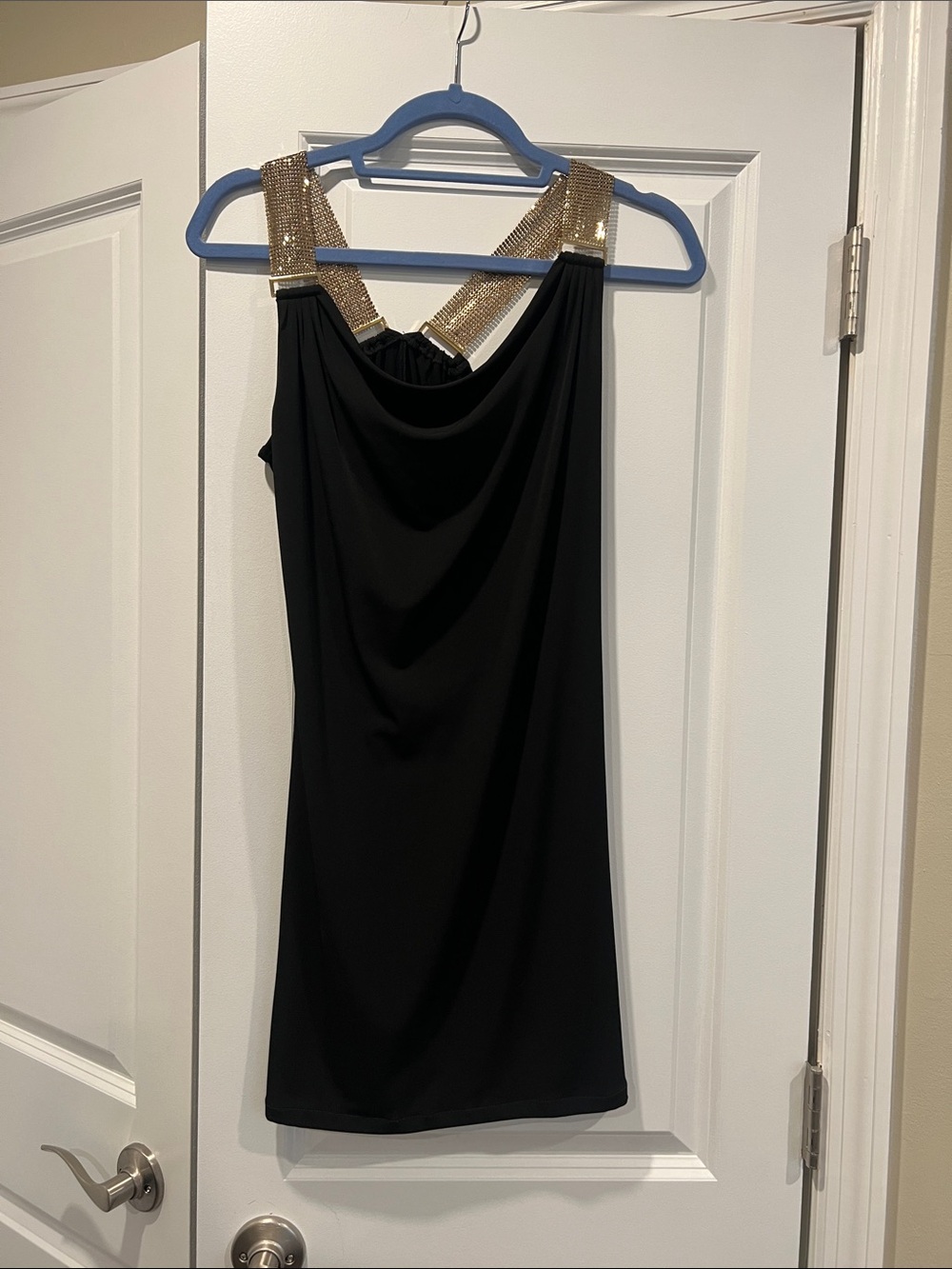 Michael Kors Black Mini Dress with Gold Sequin Straps